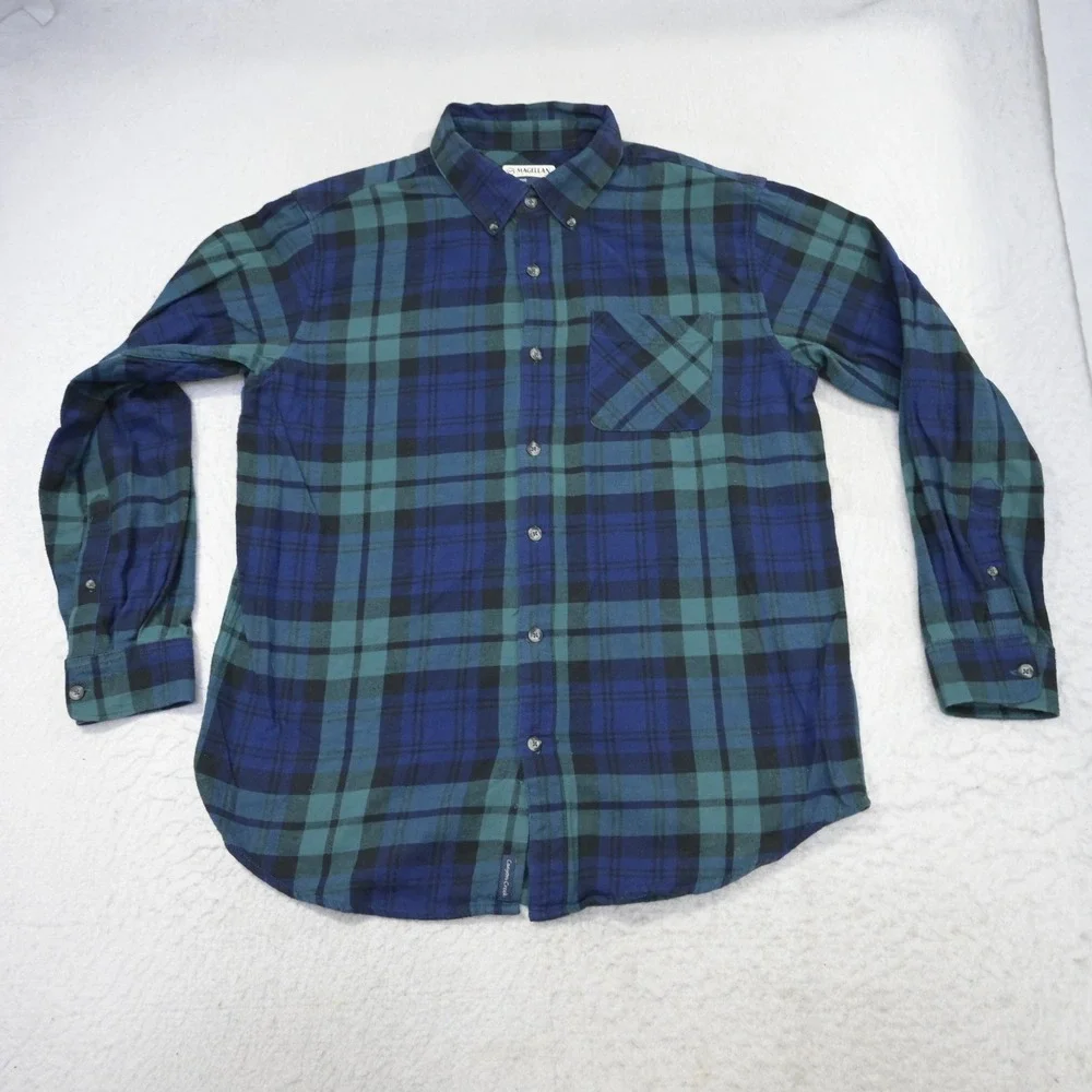 Magellan Outdoors Flannel Button Up Mens M Classic Fit Blue Green Plaid Pocket